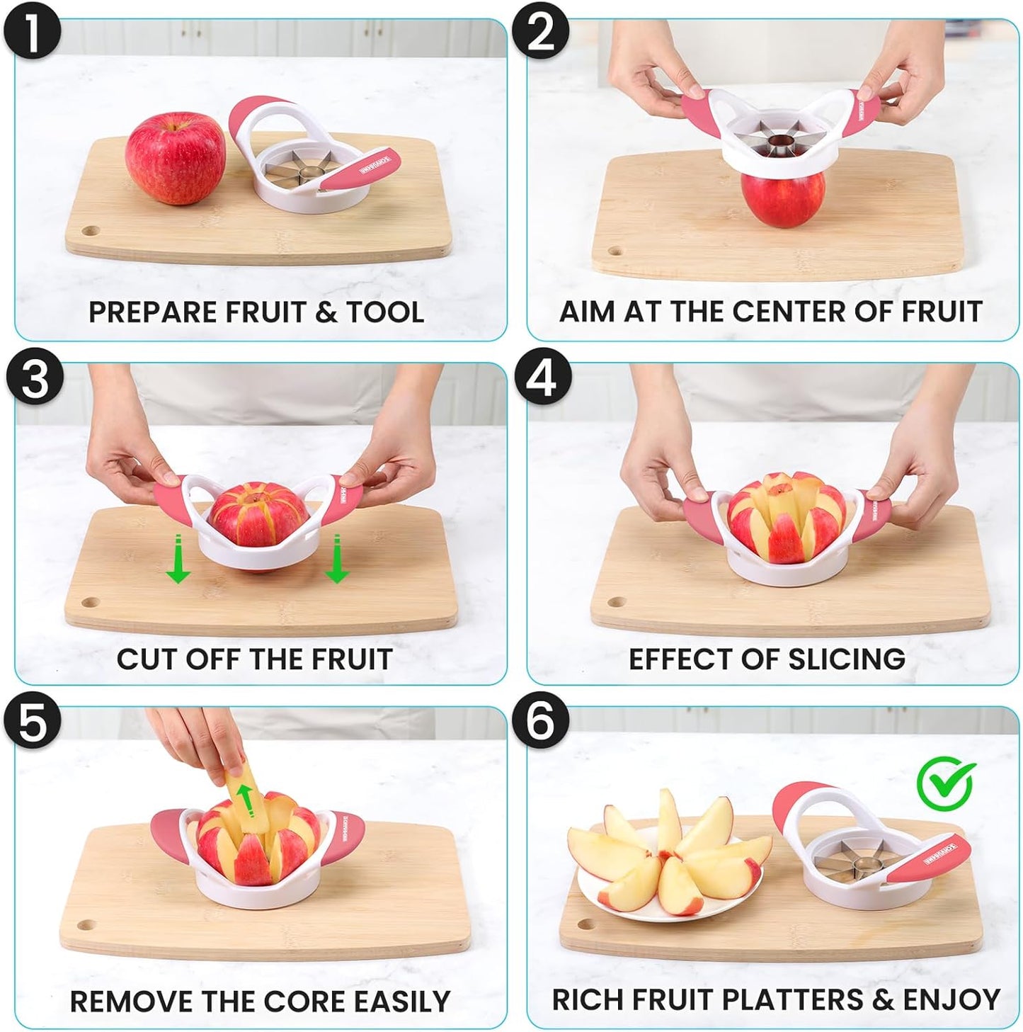3.5 Inch Apple Slicer - Professional Apple Cutter - Stainless Steel Apple Corer - Super Sharp Apple Slicer and Corer - Apple Tool with 8 Sharp Blades(Pink)